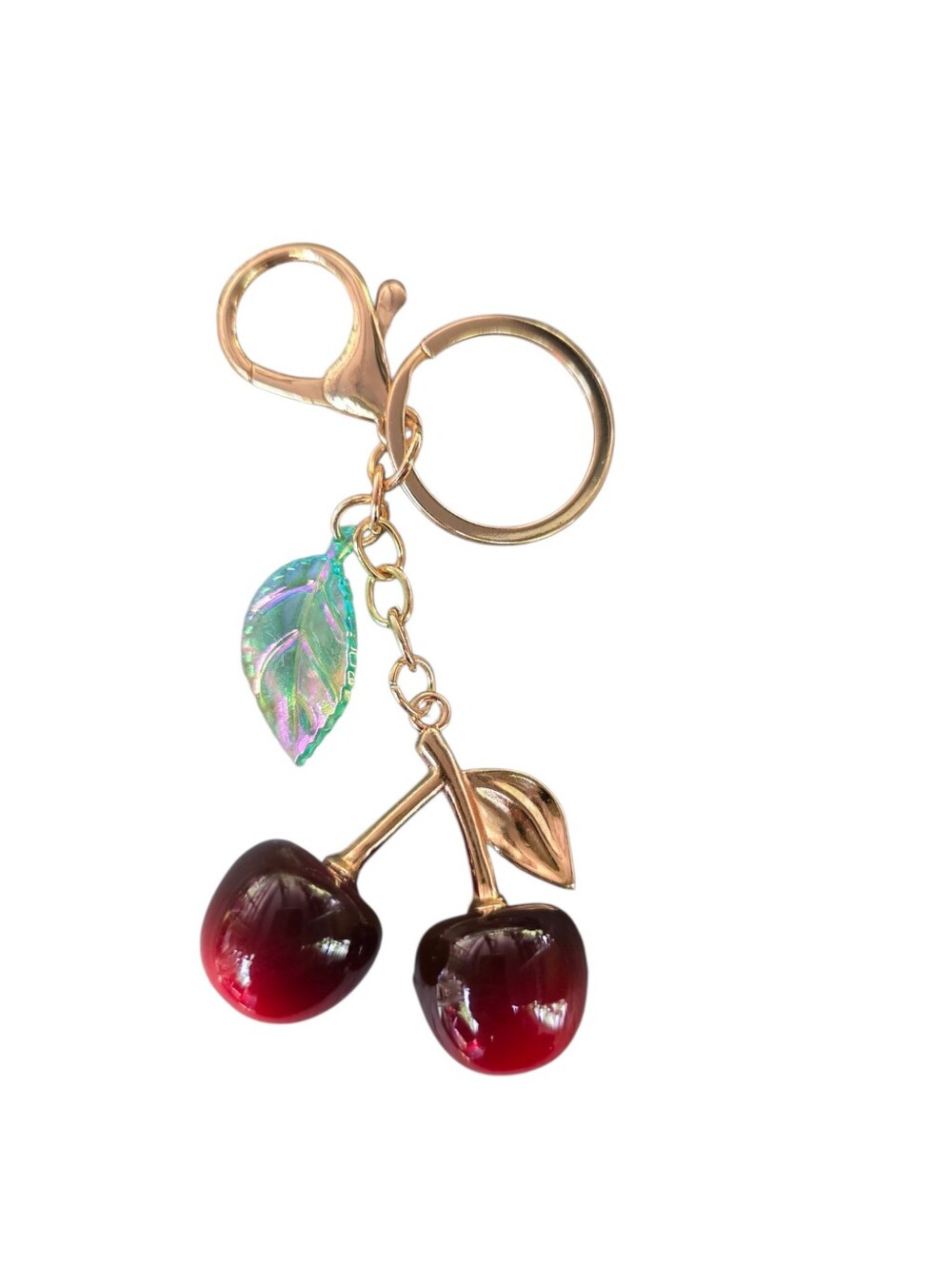BIG Gold Cherry Keychain Bag Charm with Red Cherry Accents